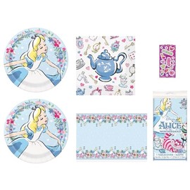 Alice in Wonderland Birthday Party Supplies Bundle Pack for 16 includes 16 Lunch Plates, 16 Lunch Napkins, 1 Table Cover