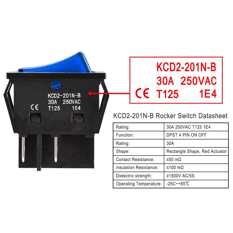 Heschen High Current Rocker Switch, 30A 250VAC, ON-OFF 2 Position,