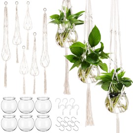 Colingmill 12 Pcs Plastic Plant Propagation with Boho Macrame Plant Hanger Wall Plant Propagation Station Hanging Plant Holder Include Hooks Kit for Indoor Home Garden Office Decor 3 Size (White)