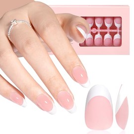 AILLSA Uñas francesas de gel, 180 unidades, uñas francesas rosas, uñas cortas almendradas, prebase y capa base preaplicadas, sin necesidad de lima, pu