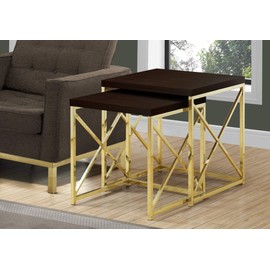 Monarch Specialties I TABLE-2PCS Set/Cappuccino/Gold Metal NESTING TABLE, Brown