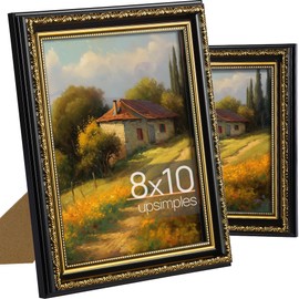 upsimples 8x10 Picture Frame with Real Glass, Ornate Vintage 8 x 10 Photo Frames for Wall Decor or Tabletop Display, Black and Gold, 2 Pack