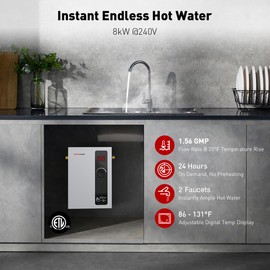 thermomate Tankless Water Heater Electric, 8kW at 240 Volt, On Demand Instant Hot Water Heater for Point of Use, Self-Modulating Save Energy, Save Space, 1.56GPM at 35°F Rise