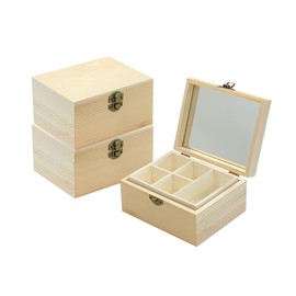 3 Pack Unfinished Surface Wood Jewelry Box (6x4.7x3 in) Small Wooden Chest Case with Glass Mirror