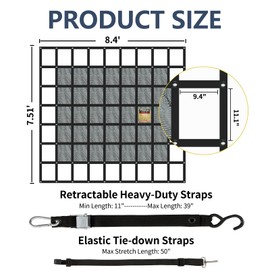 Tecoom Cargo Net with Mesh, 8.4 x 7.51ft 1,500 LBS Capacity Truck Bed Net for Trailer, Trucks, Boat, Jeep, Pickup, Heavy Duty Cargo Net with Adjustable Cam Buckles & S-Hooks & Cross Strap