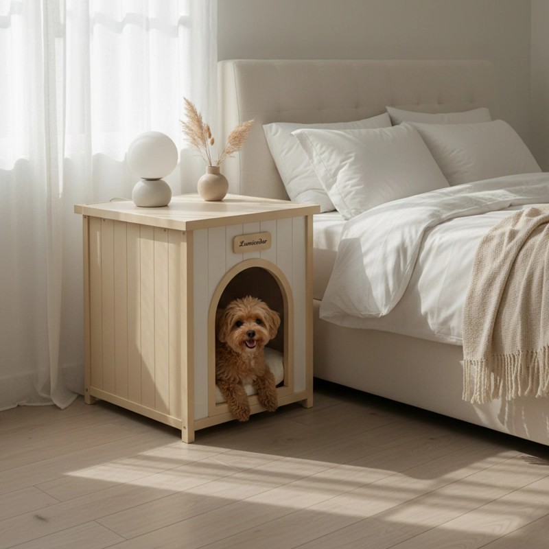 Solid Cedar Wood Indoor Pet House with Removable Cushion for