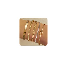 LOLIAS 5 Pcs Gold Bracelets for Women 14k Real Gold Bangle Cuff Bracelet Set Hypoallergenic Gold Beaded Paperclip CZ Tennis Cuban Chain Bracelet Stacking Bracelets Gold Jewellery for Women