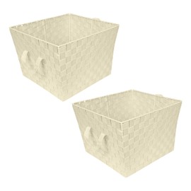 Simplify Large Woven Strap Tote | Decorative Storage Basket | 2 Handles | Organization | Closet | Bedroom | Bathroom | Nursery | Accessories | Toys | Gifts | 2 Pack | Ivory