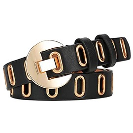 Furtony Belt Hollow Flat Hole Waist Belt Decoration Pin Buckle Pants Belt Dresses Accessary PU 1 PC, Black, One Size