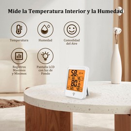 Termómetro Higrómetro Digital para Interiores con Retroiluminación, Imán y Pantalla LCD, Monitor de Temperatura y Humedad de Montaje en Pared, ℃ ℉ Conmutable, Registros Mínimos y Máximos para Hogar
