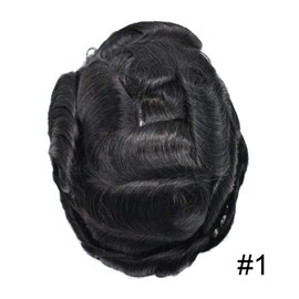 Mens Toupee Real Human Hair Replacement System 0.1mm Injection PU Toupee For Men Durable Thin Skin Hairpieces For Men Full Poly Men's Wig Hair Units#1 JET BLACK