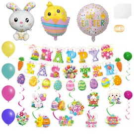 Easter Decorations for Home Pastel Easter Balloons Kit with Happy Easter Banner Egg Bunny Hanging Swirls Bunny Chick Foil Mylar Balloons Easter Party Supplies for Indoor Outdoor Spring Decor