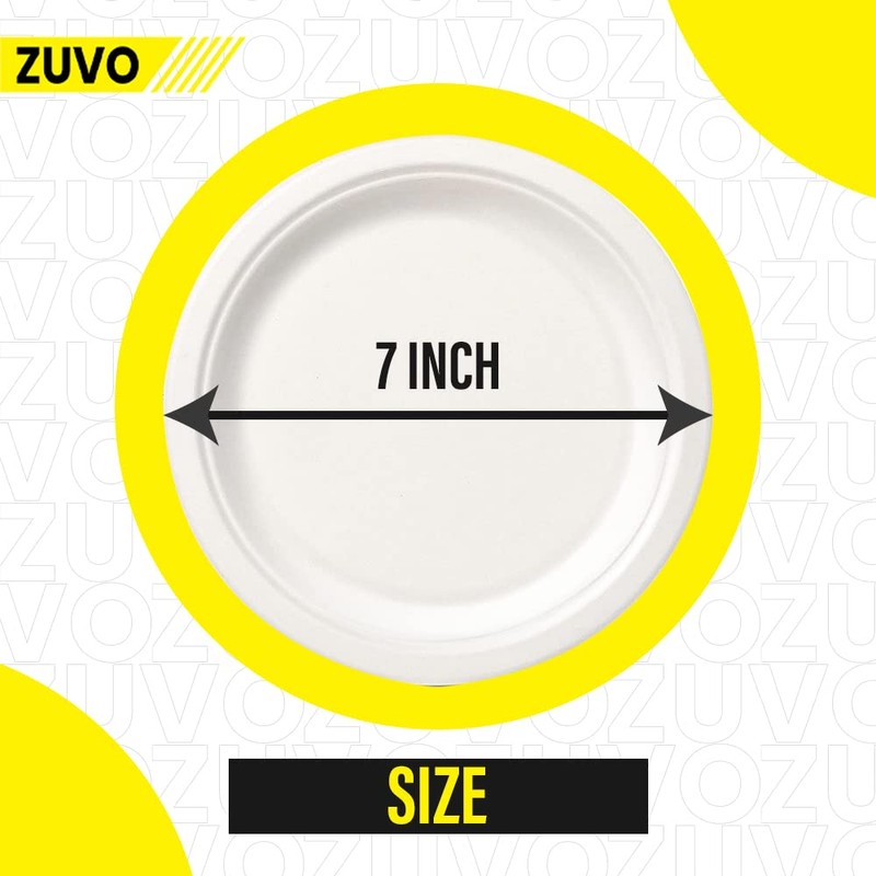 Zuvo Disposable Plates 50 Pack - 100% Compostable White Paper