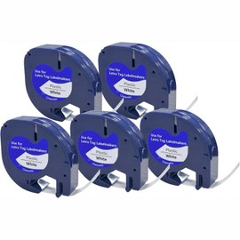 5 x Bluink Letratag Tape Compatible with Dymo Label Tape 91201 S0721660, LetraTag Plastic White Tape for Dymo Letratag LT-100H LT-100T QX50, 12mm x 4m, Black on White