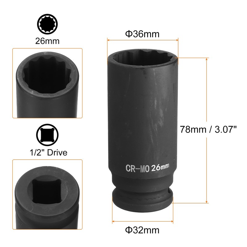 sourcing map 12-Point Deep Impact Socket 1/2 Inch Drive 26mm