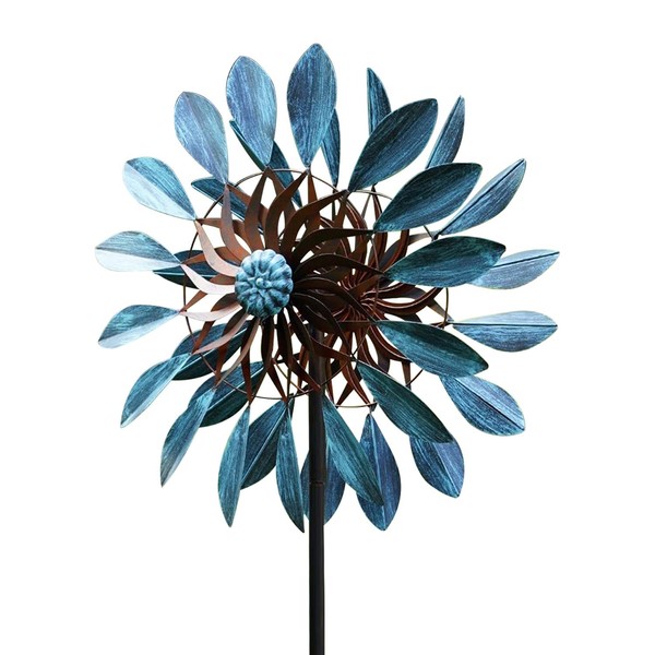 Hourflik Wind Spinners Outdoor Metal Large, Teal Garden Windmill for Outdoor Yard Lawn Garden Decor, Double Windmill Sculptures with Stable Metal Stake, 24 * 84in