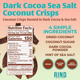 RIND Snacks | Dark Cocoa Sea Salt Coconut Crisps | Dried Fruit Superfood | Snack Chips | All Natural | Low Carbs | High in Fiber | Keto | Gluten Free | Vegan | Paleo | Fruit Snacks | 3.5 oz | 12 Pack