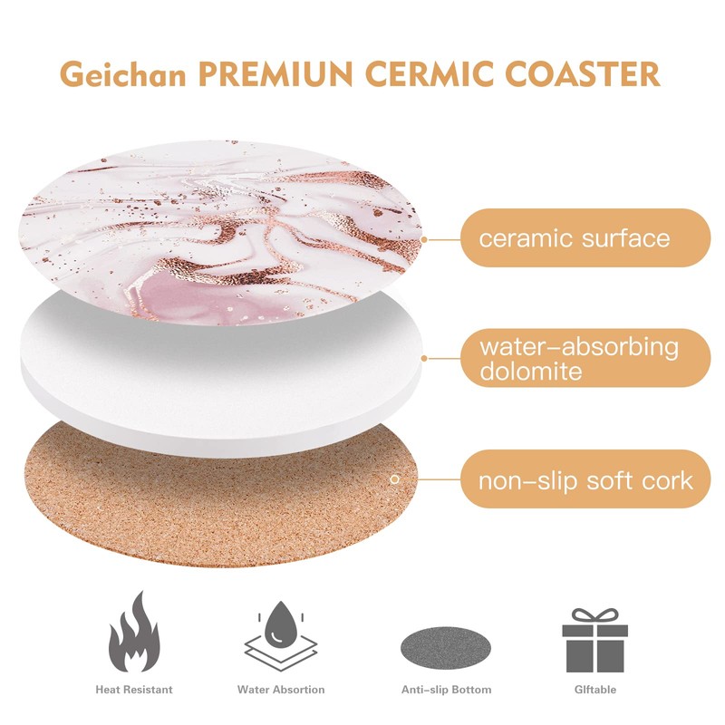 Coasters for Drinks,Pink Marble Coasters Set of 6 with Cork