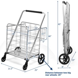 DORTALA Folding Shopping Cart, 330 lbs Capacity, Jumbo Double Basket Grocery Cart with 360° Rolling Swivel Wheels, Portable Folding Utility Cart for Laundry, Shopping, Grocery, Luggage, Silver