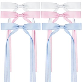 6PCS Silky Satin Hair Bows Ribbon Hair Clips, Ribbon Satin Hair Bows with Long Tail Tassel Bow Clips BowKnot Barrettes Hair Accessories for Women Girls (White+Pink+Blue)
