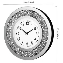 Couperos 14 Inch Crystal Crushed Diamond Mirrored Wall Clock - Sparkle Twinkle Bling Wall Clock Silver Round Clock for Living Room, Bedroom, Home Decor, Silent Non-Ticking Quartz Movement