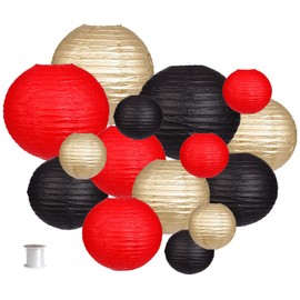 zilue - Faroles de papel decorativos, redondos para colgar, decoraciones para bodas, graduaciones, aniversarios, fiestas de cumpleaños, suministros de color negro/dorado/rojo, 15 unidades