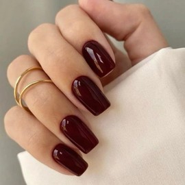 Burgundy Red Press on Nails Medium Short Square,Xcreando Glue on Nails Solid Glossy Medium Nails Full Cover Acrylic Fake Nails for Women and Girls Daily Wear 24 Pcs
