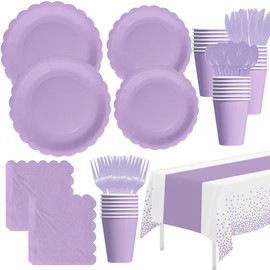 HIPVVILD Purple Party Decorations Supplies Tableware, Light Purple Plates And Napkins, Tablecloth Printed Table Runner, Cutlery, for Birthday Baby Bridal Shower Wedding Anniversary, Serves 24