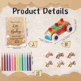 WinnerWhy Baby Shower Game Sign Kit Includes 32 Unfinished Wooden Car Blocks, 12 Markers, and a Prize Decoration Sign for Baby Shower (Kraft)