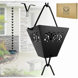 U-nitt Rain Chains, Roof Gutter Downspout/Spout Channel, Rainwater Water Catcher/Diverter, 8.5 feet Length, Metal, Black Powder Coated, Square Jali Cup, 3121BLK