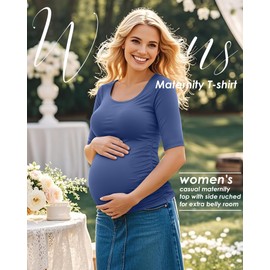 Sweetyweee 5 Pack Women's Maternity Shirts, Scoop Neck Maternity Top Casual Half Sleeve Tee Side Ruched Pregnancy Clothes(Black,Khaki,Army Green,White,Haze Blue,Small)