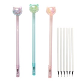 Cooapen 3 Pcs Colorful Cat Design Gel Pens with 6 Pcs Extras Refills 0.5mm Black Ink Pen Cute Aesthetic Office School Supplies Gifts for Girls Kids Women