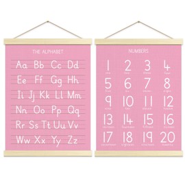 Piegricdiat Pink Toddlers Numbers Alphabet Poster for ABC Nursery,2 PCS Educational Wall Chart for Nursery Kids Learning for Bathroom & Homeschool & Playroom, Nursery Decor and Bedroom for Wooden Hanger Frame-A03