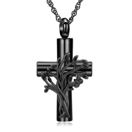 shajwo Cremation Jewelry Tree of Life Cross Urn Necklaces for Ashes for Women Men Memorial Human Ashes Pendant,Black