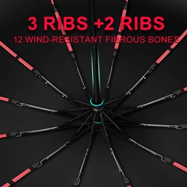 Rain and Sunproof Folding Umbrella with Reflective Strips, 12 Red Ribs (3 Ribs+2 Ribs) Portable Foldable Backpack Large Umbrella for Cars Compact Umbrellas for Men and Women, Powdered