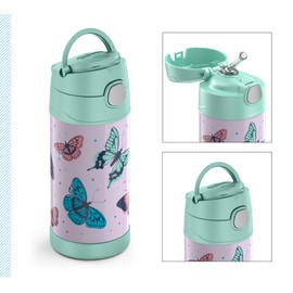 THERMOS kids FUNTAINER STRAW BOTTLE 0,35l, butterflies, Thermosflasche für Kinder aus Edelstahl, mit Strohhalm, 12 h kalt, absolut dicht, für Schule, Kindergarten, Pause