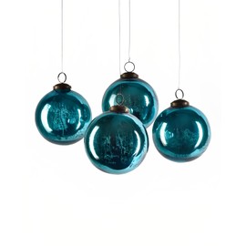 Serene Spaces Living Set of 4 Antique Aqua Mercury Glass Balls, Ornaments for Holiday Décor, Measures 4" Diameter