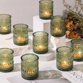 15Pcs Glass Votive Candle Holders, Green Tea Light Candle Holder Vintage Tealight Candle Holder Bulk for Wedding Christmas Party Table Decor (Green)