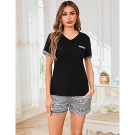 Jahetuul Women's Short Pyjamas, Women's Summer Pyjamas for Women, Sleepwear, Women's Short Shorty Pijamas Sleep Shorts, Unique Pattern, Black (black-2), L