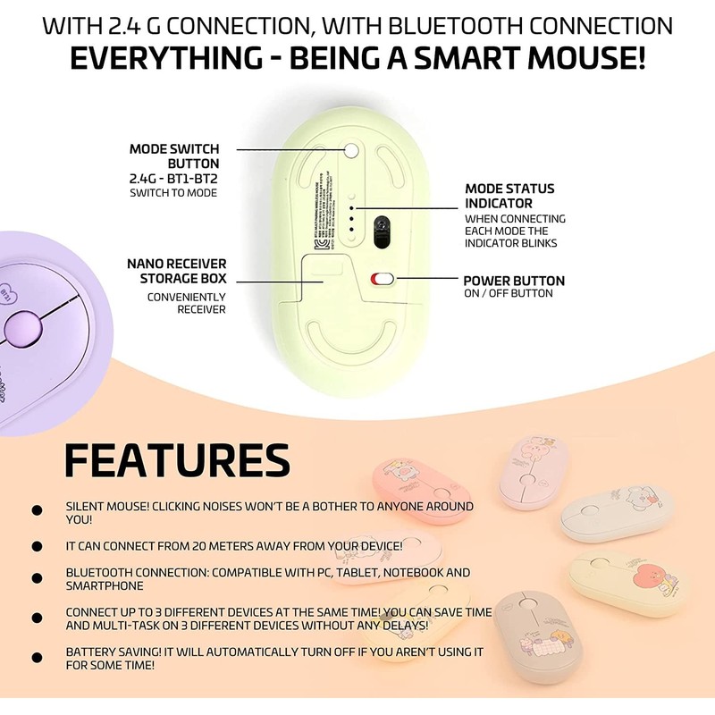 ROYCHE BTS Inspired Characters Multi Pairing Wireless Mouse, Little Buddy