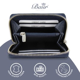 Baur Women's Genuine Leather Wallet, Mini Wallet with RFID Protection, Small Wallet with 6 Card Slots, Note and Coin Compartment, Wallet with All-Round Zip, darkblue, Classic