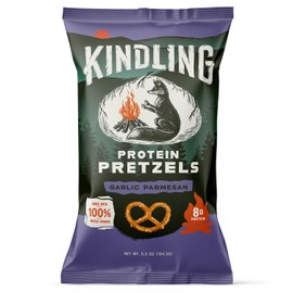 Kindling Protein Pretzels - Garlic Parmesan | Protein-Packed Snack | Kosher | 8 - 9g Protein Per Serving | Only 1-2g of Total Sugar | No Artificial Flavors, Soy-Free | Kid’s Snacks & Lunches, Office Snacks, & On-the-Go | 4-Pack (6.5oz Bags)
