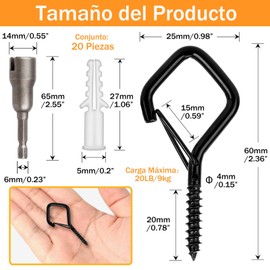 Ganchos de Techo, 20 Tazas, Gancho de Pared Cocina con Ganchos Inoxidables para Colgar Tazas, Macetas, Luces, Toallas Cocina, Ganchos para Uso en Interiores y Exteriores, Negro