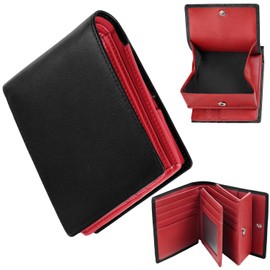 GSG 22098/24015 Men's Bi-fold Wallet, Genuine Leather, Box-Shaped Coin Purse, RFID Skimming Prevention, Bifold Wallet, Large Capacity, Popular Brand, Folding Saifu, 22098 (outer black + inner red)