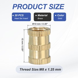 PATIKIL M8 Threaded Inserts, 20 Pcs Female Metric Brass Knurled Nuts Heat Set Insert for Plastic 3D Printing Components (M8x15x10mm)