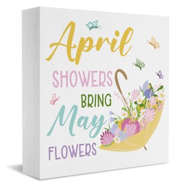 Spring Decor April Showers Bring May Flowers Wooden Sign Spring Decorative Gifts for Women Family Friends Spring Decorations for Home Office Farmhouse Bedroom Bathroom Desk Table Shelf 5 X 5 Inches