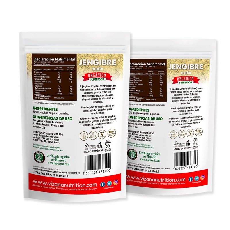 VIZANA NUTRITION | Jengibre Orgánico Certificado USDA en Polvo 200g