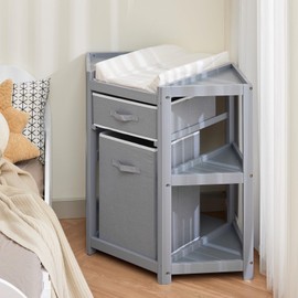 dainslef Baby Corner Changing Table with Storage Drawer, Diaper Changing Station with Baby Changing Pad, Laundry Hamper, Modern Wood Diaper Changing Table Organizer for Infants and Toddlers, Gray