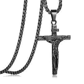 JeweBella Cross Necklace for Men Women Stainless Steel Jesus Crucifix Cross Pendant Venetian Chain 61 CM Silver/Gold/Black Religious Jewellery Gift