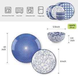 Selamica Ceramic Dinnerware Sets, 12-Pieces Plates and Bowls Sets, Scratch Resistant Dishes set for 4, Dishwasher & Microwave Safe,Vintage Blue